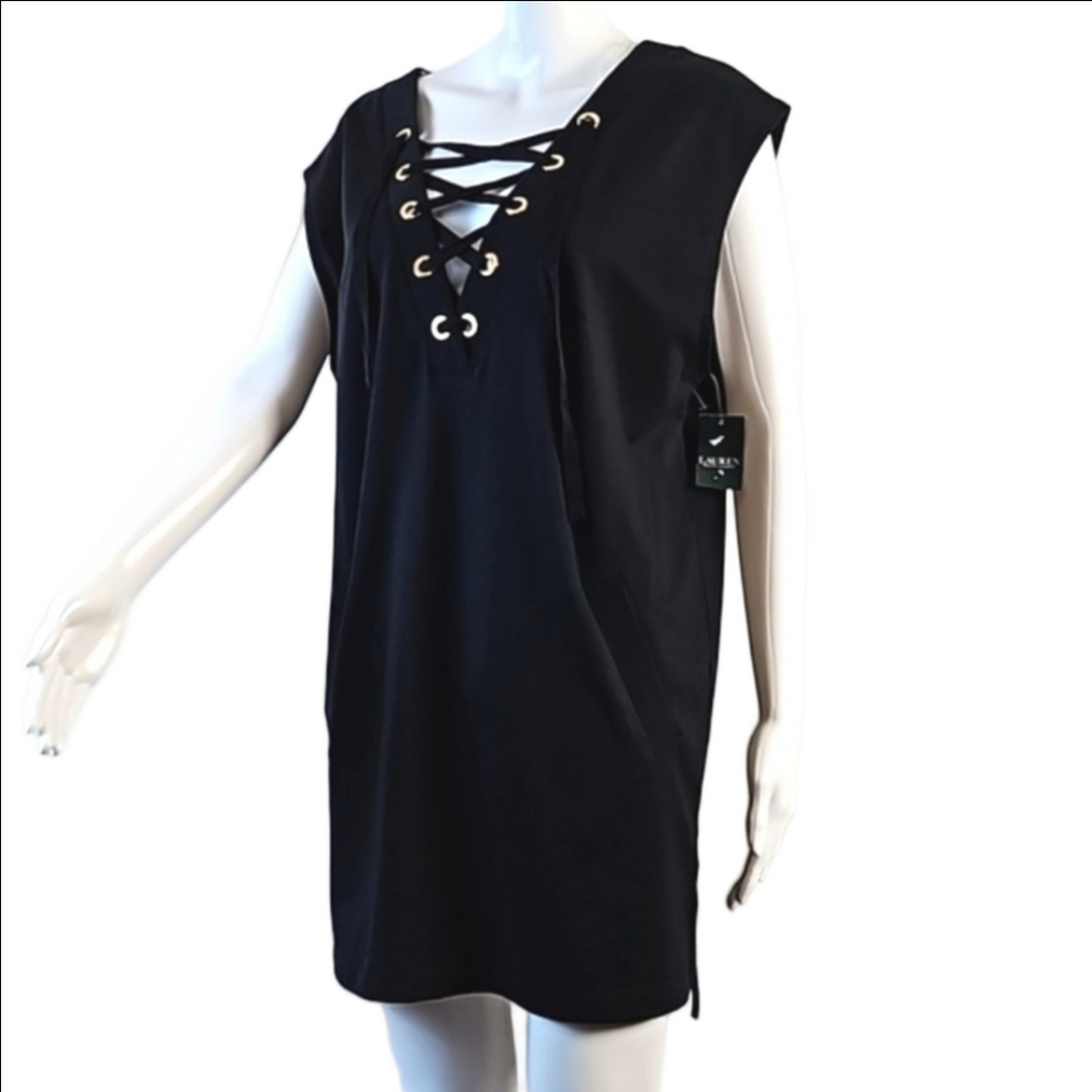 NWT Lauren Ralph Lauren Stretch Knit Black Lace-up Swim Cover-up Tunic Dress